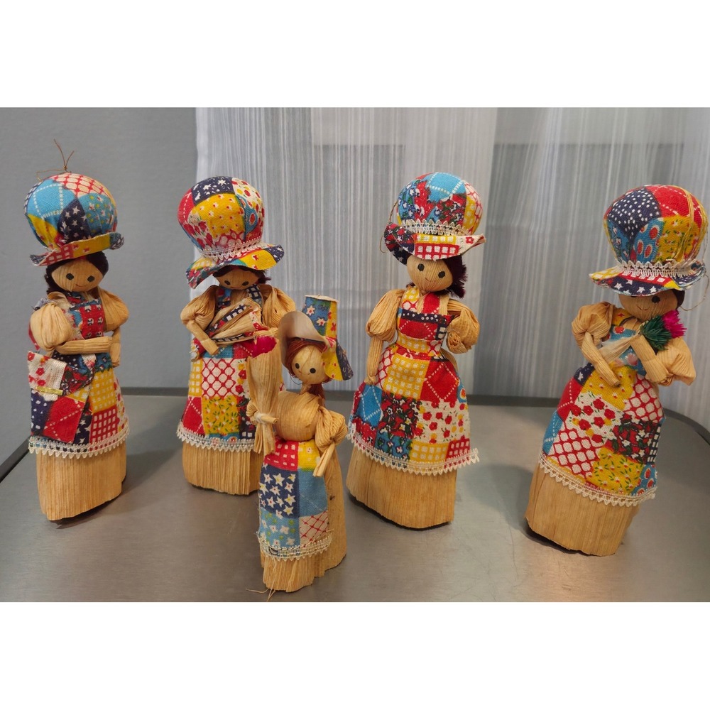 Vintage Corn Husk Doll Set/5 Patchwork Apron Folk Art Harvest Decor‎ Handcrafted